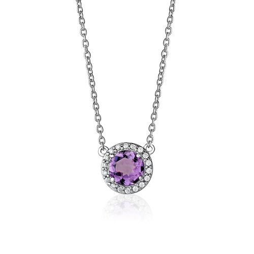 Amethyst CZ Halo Sterling Silver Necklace